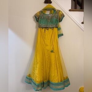 Yellow and Green Embellished Saree